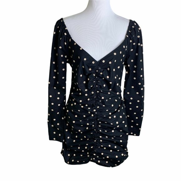 Asos Black Polka Dot Print Cotton Ruched Off The Shoulder Mini Dress Womens 10 - Picture 1 of 12